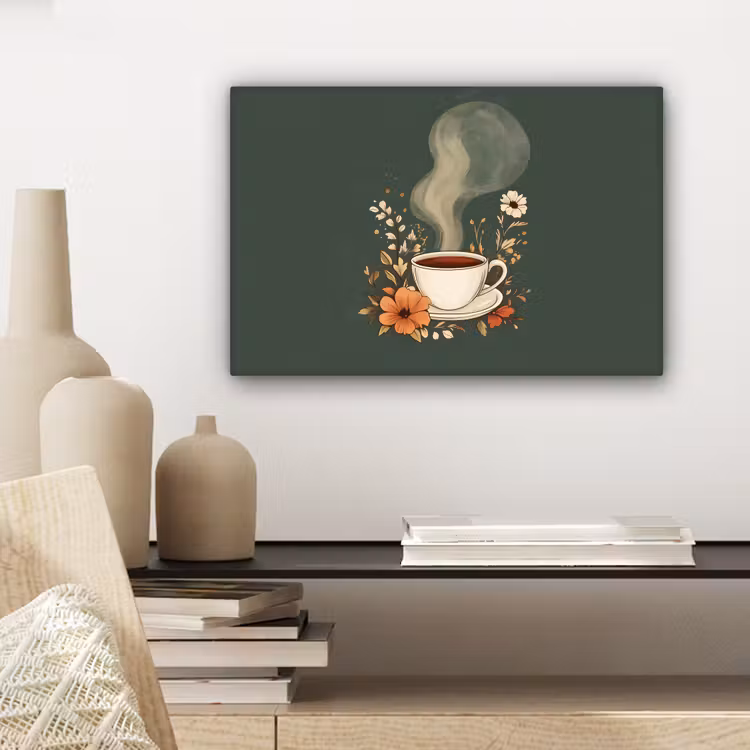 Canvas schilderij - Kop - Bloemen - Groen - Koffie — 5