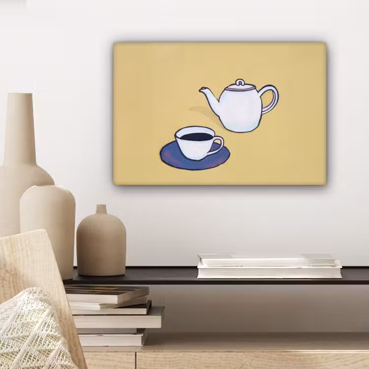 Canvas schilderij - Theepot - Kopje - Beige - Illustratie — 5