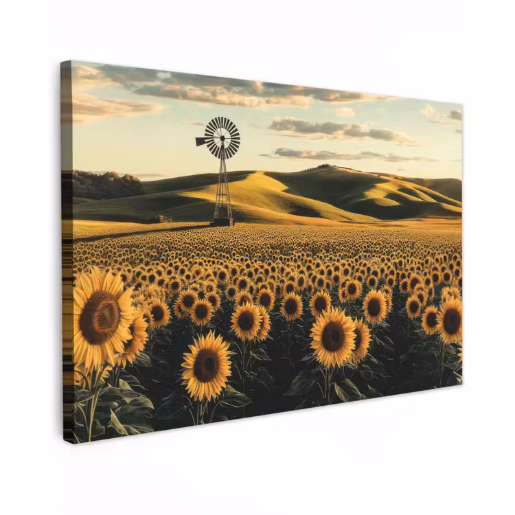Canvas schilderij - Zonnebloem - Veld - Windmolen — 1