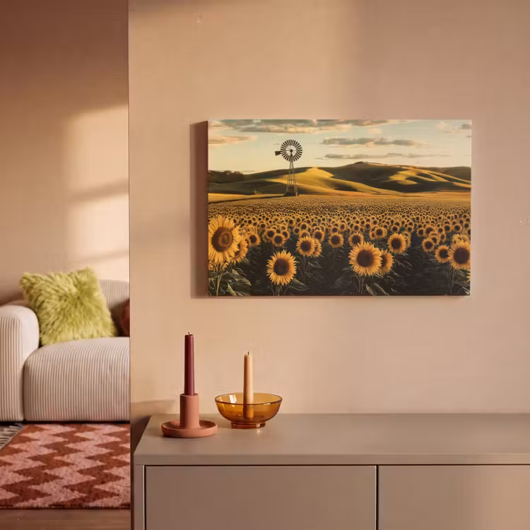 Canvas schilderij - Zonnebloem - Veld - Windmolen — 2