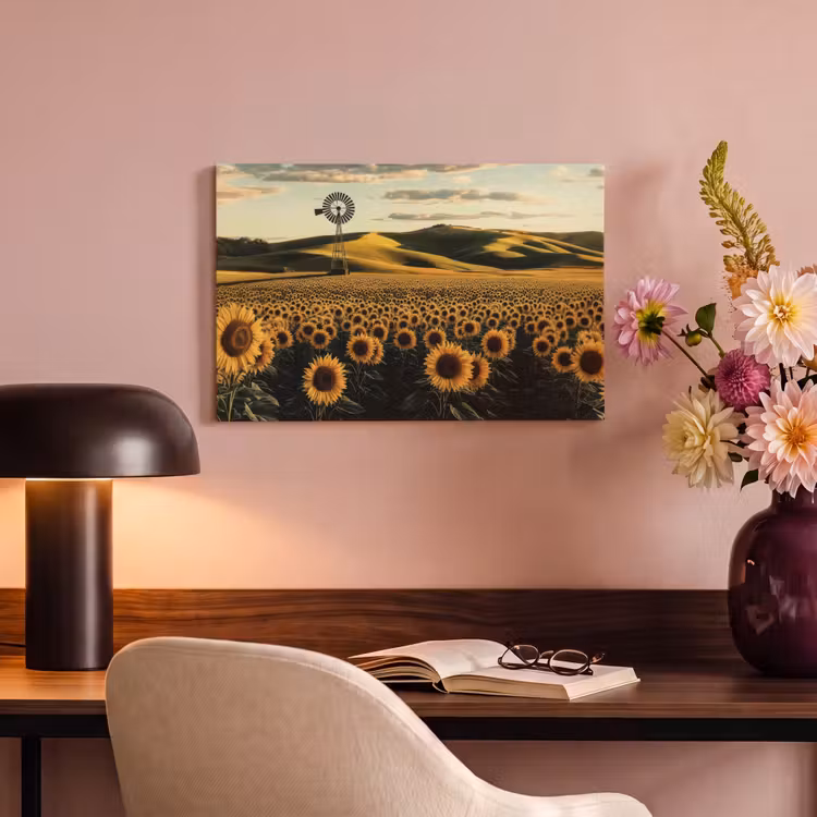 Canvas schilderij - Zonnebloem - Veld - Windmolen — 4