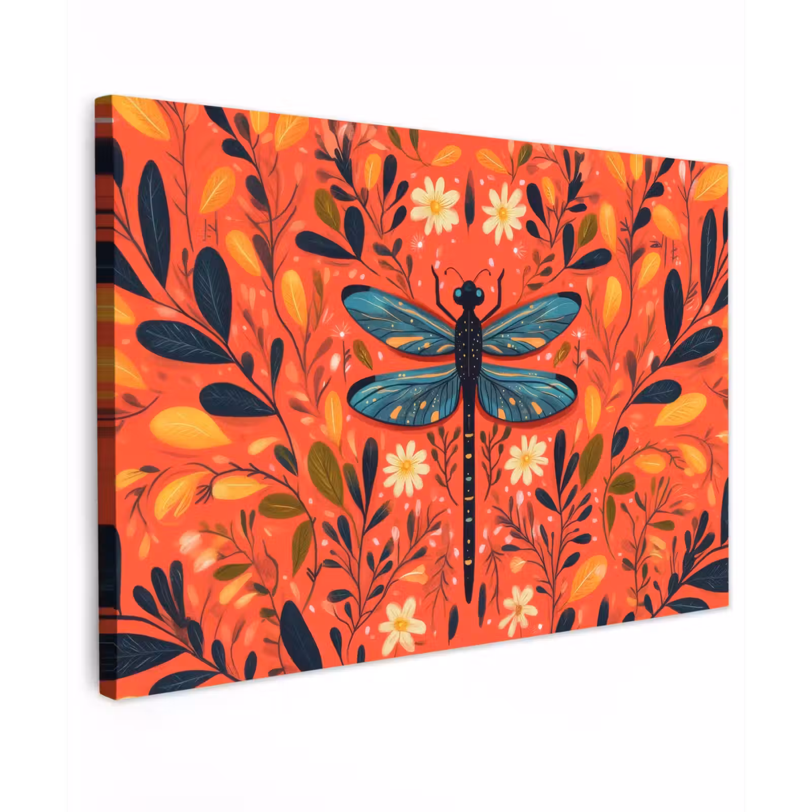 Canvas schilderij - Libel - Blauw - Vleugels - Bladeren — 1