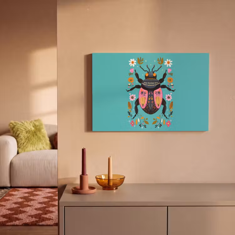 Canvas schilderij - Kever - Bloemmotieven - Turquoise - Bladeren — 2