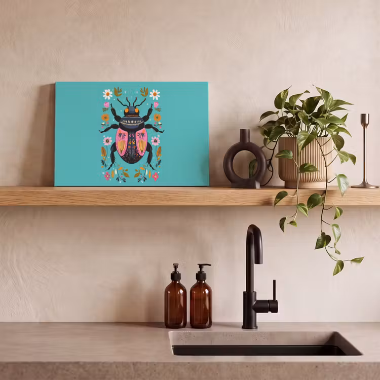 Canvas schilderij - Kever - Bloemmotieven - Turquoise - Bladeren — 3