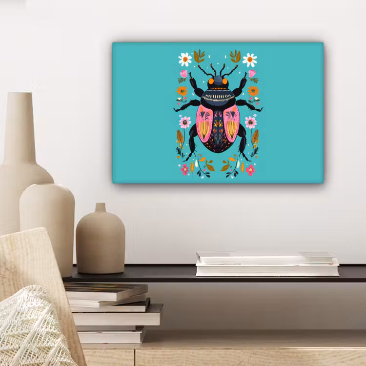 Canvas schilderij - Kever - Bloemmotieven - Turquoise - Bladeren — 5