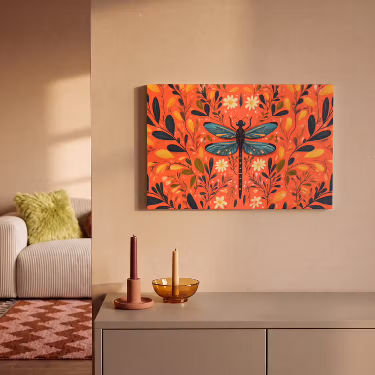 Canvas schilderij - Libel - Blauw - Vleugels - Bladeren — 2