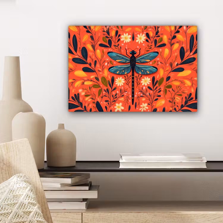 Canvas schilderij - Libel - Blauw - Vleugels - Bladeren — 5