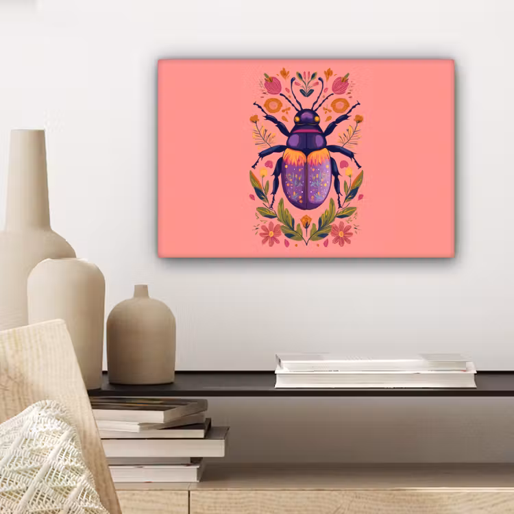 Canvas schilderij - Paars - Kever - Stipjes - Bloemen — 5