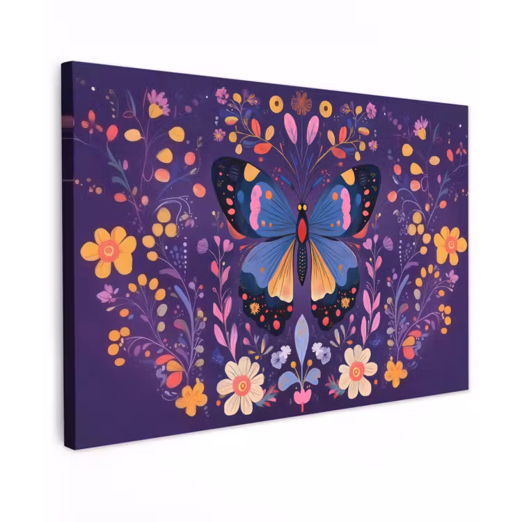 Canvas schilderij - Sierlijk - Bloemen - Vlinder - Paars — 1