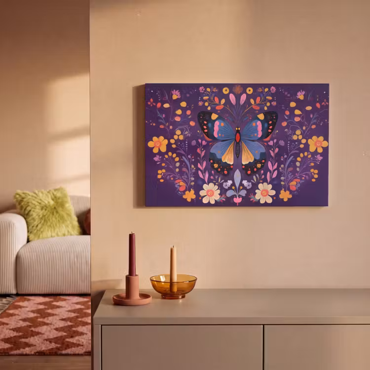Canvas schilderij - Sierlijk - Bloemen - Vlinder - Paars — 2