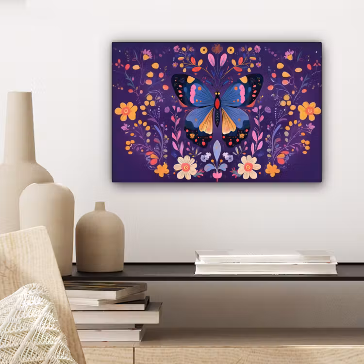 Canvas schilderij - Sierlijk - Bloemen - Vlinder - Paars — 5