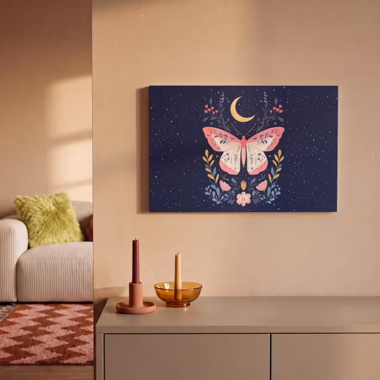 Canvas schilderij - Vlinder - Maan - Bloemen - Sterrenhemel — 2