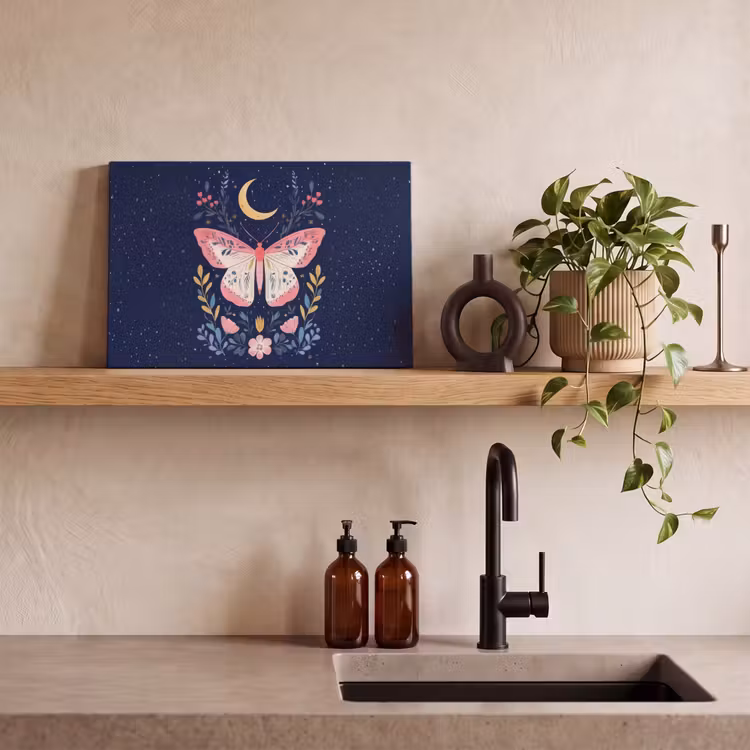 Canvas schilderij - Vlinder - Maan - Bloemen - Sterrenhemel — 3