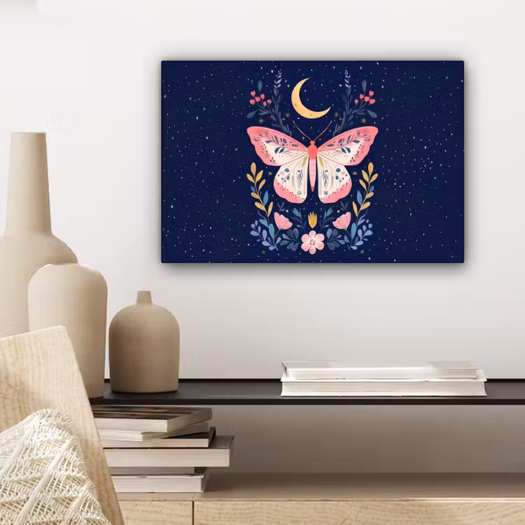 Canvas schilderij - Vlinder - Maan - Bloemen - Sterrenhemel — 5