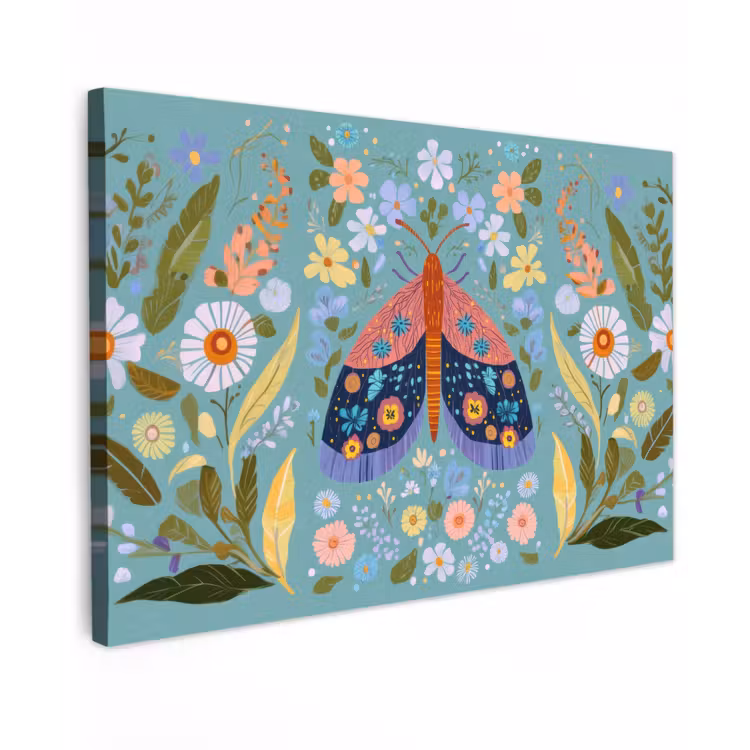Canvas schilderij - Vlinder - Sierlijk - Bloemen - Bladeren — 1