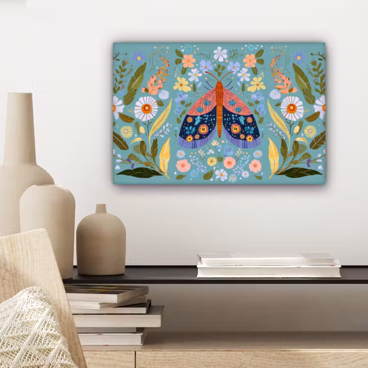 Canvas schilderij - Vlinder - Sierlijk - Bloemen - Bladeren — 5