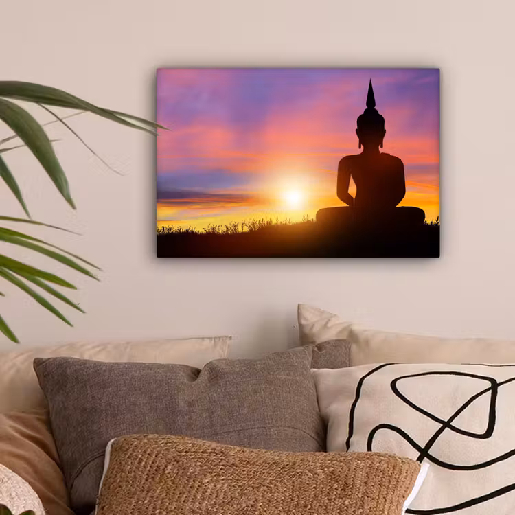 Canvas schilderij - Zonsondergang - Horizon - Boeddha beeld - Buddha - Silhouette — 2