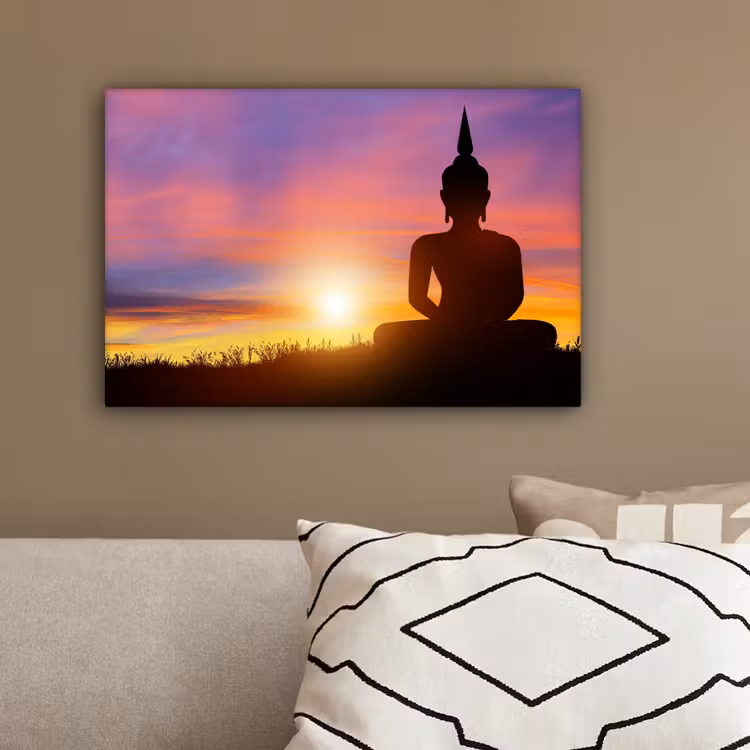 Canvas schilderij - Zonsondergang - Horizon - Boeddha beeld - Buddha - Silhouette — 3
