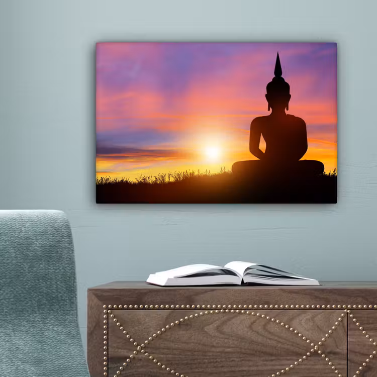 Canvas schilderij - Zonsondergang - Horizon - Boeddha beeld - Buddha - Silhouette — 4