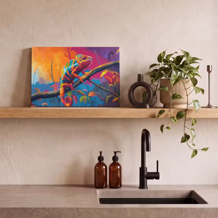Canvas schilderij - Kameleon - Tak - Gestreept - Bladeren — 3