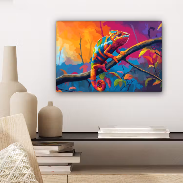 Canvas schilderij - Kameleon - Tak - Gestreept - Bladeren — 5