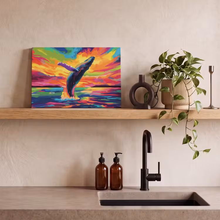Canvas schilderij - Zonsondergang - Walvis - Geschilderd - Kleurrijk — 3