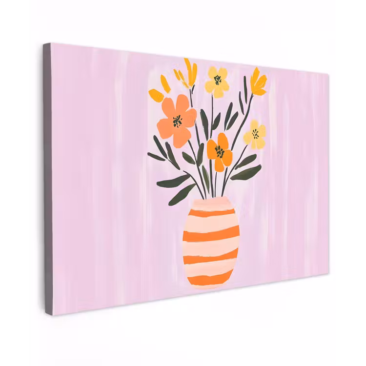 Canvas schilderij - Vaas - Gestreept - Bloemen - Oranje — 1