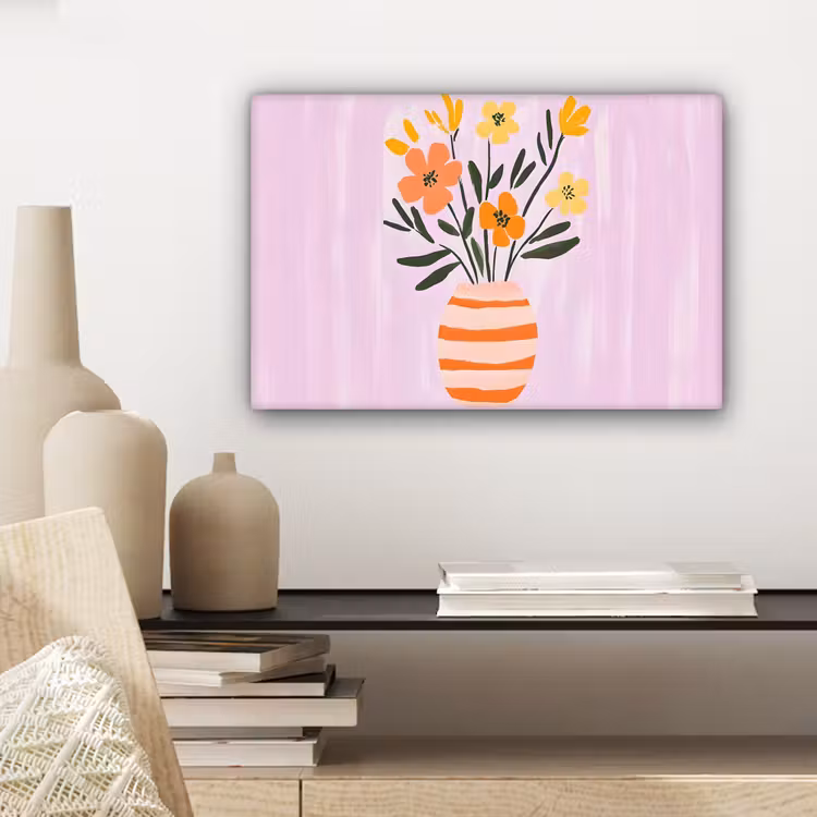 Canvas schilderij - Vaas - Gestreept - Bloemen - Oranje — 5