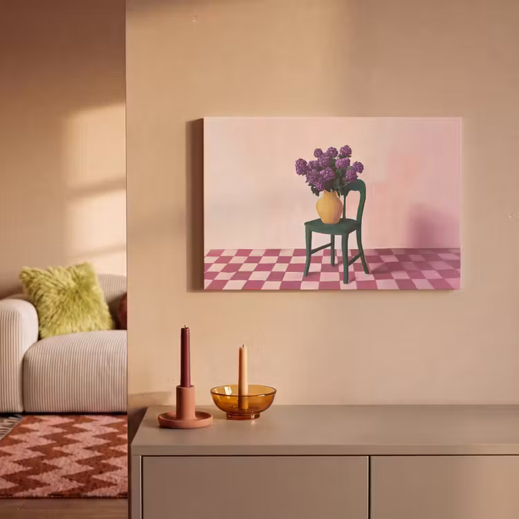Canvas schilderij - Stoel - Vaas - Bloemen - Geblokt — 2