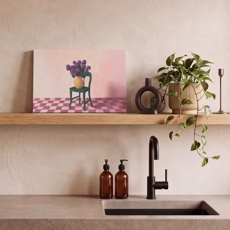 Canvas schilderij - Stoel - Vaas - Bloemen - Geblokt — 3