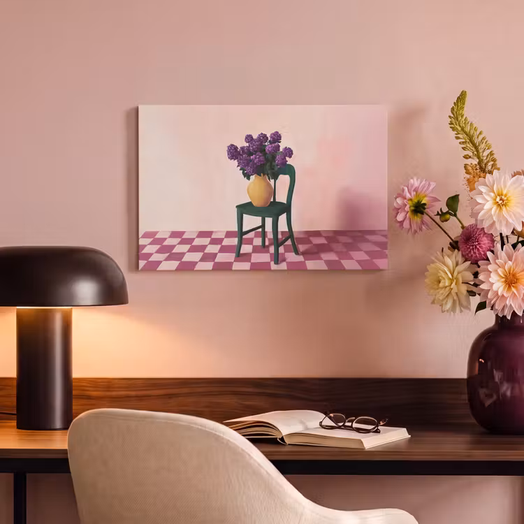 Canvas schilderij - Stoel - Vaas - Bloemen - Geblokt — 4