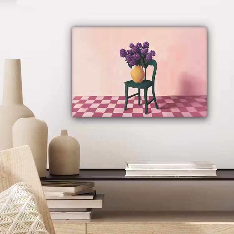 Canvas schilderij - Stoel - Vaas - Bloemen - Geblokt — 5