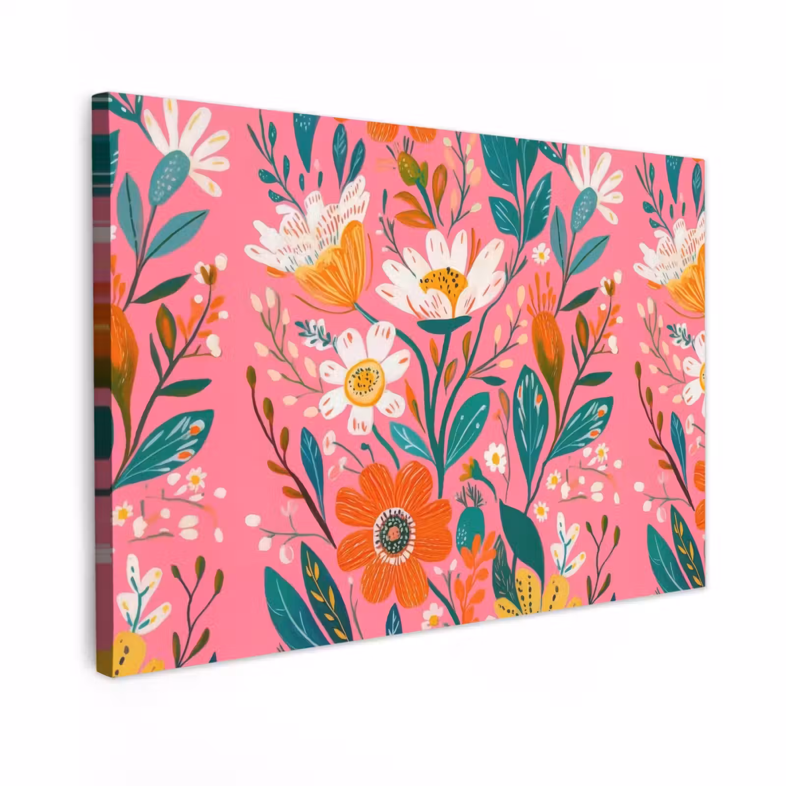 Canvas schilderij - Roze - Bloemen - Wit - Oranje — 1