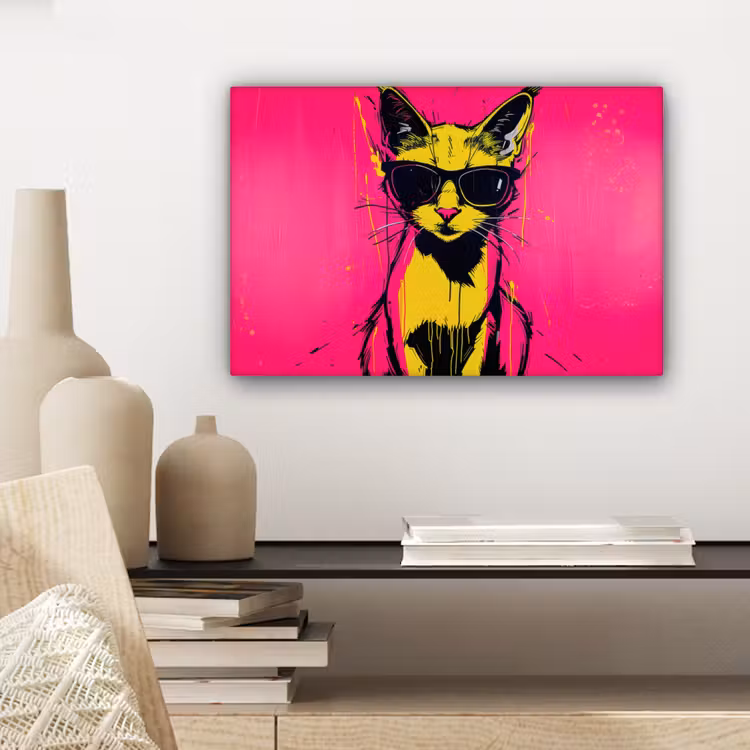 Canvas schilderij - Kat - Art - Zonnebril - Roze — 5