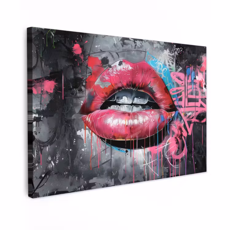 Canvas schilderij - Lippen - Felroze - Graffiti - Verfstrepen — 1