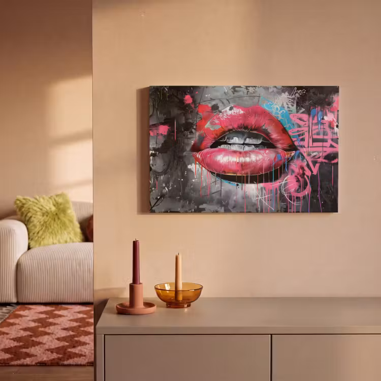 Canvas schilderij - Lippen - Felroze - Graffiti - Verfstrepen — 2