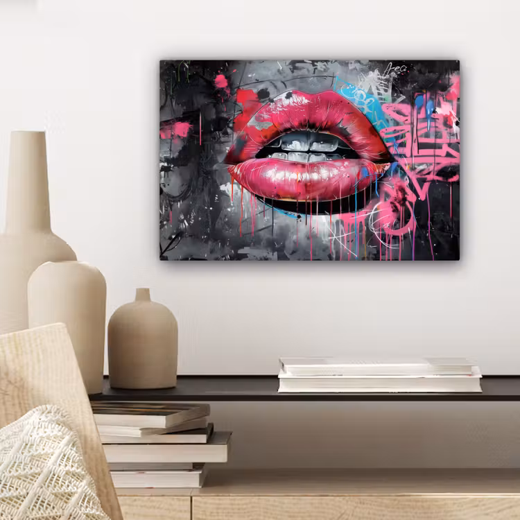 Canvas schilderij - Lippen - Felroze - Graffiti - Verfstrepen — 5