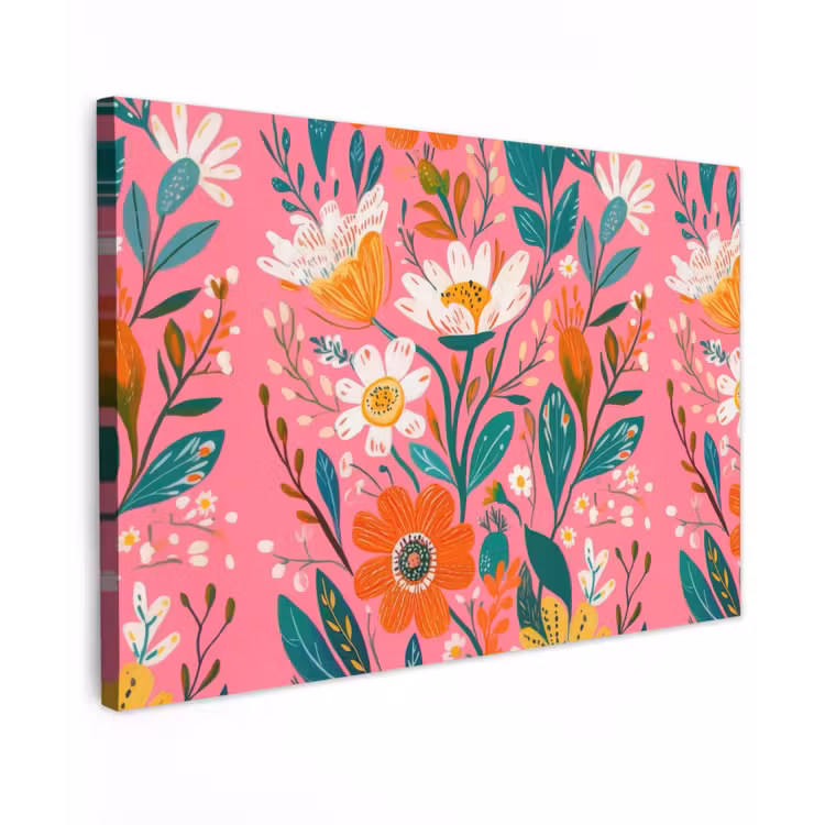 Canvas schilderij - Roze - Bloemen - Wit - Oranje — 1