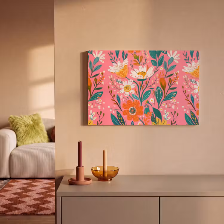 Canvas schilderij - Roze - Bloemen - Wit - Oranje — 2