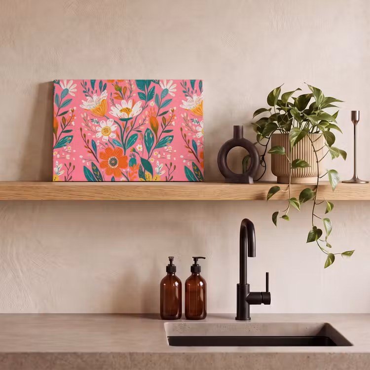 Canvas schilderij - Roze - Bloemen - Wit - Oranje — 3