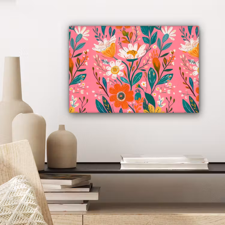Canvas schilderij - Roze - Bloemen - Wit - Oranje — 5