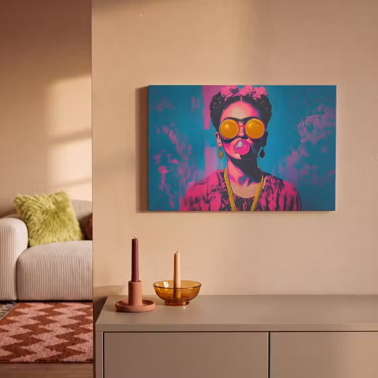 Canvas schilderij - Vrouw - Kauwgom - Zonnebril - Oranje — 2