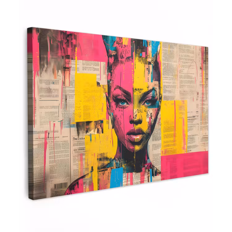 Canvas schilderij - Vrouwengezicht - Krantenpapier - Abstract - Roze — 1