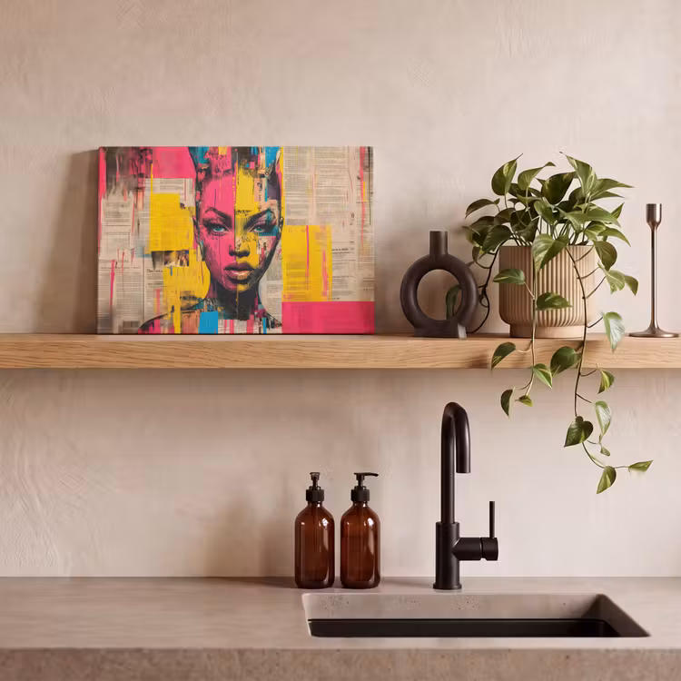 Canvas schilderij - Vrouwengezicht - Krantenpapier - Abstract - Roze — 3
