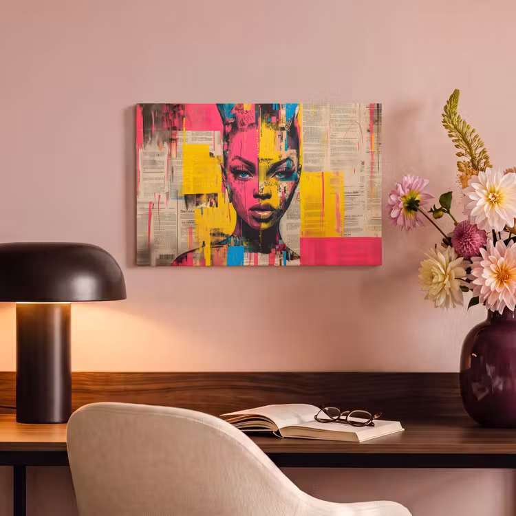 Canvas schilderij - Vrouwengezicht - Krantenpapier - Abstract - Roze — 4
