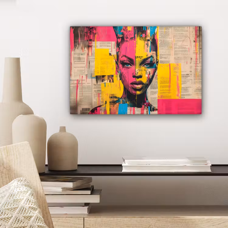 Canvas schilderij - Vrouwengezicht - Krantenpapier - Abstract - Roze — 5