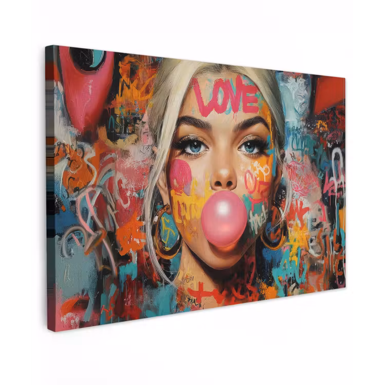 Canvas schilderij - Vrouw - Kauwgom - Graffiti - Love — 1