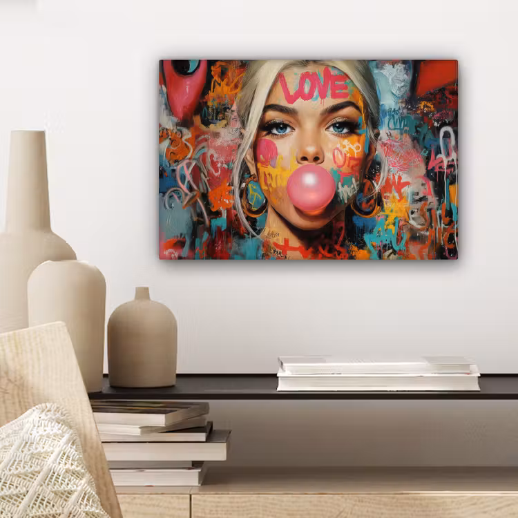 Canvas schilderij - Vrouw - Kauwgom - Graffiti - Love — 5