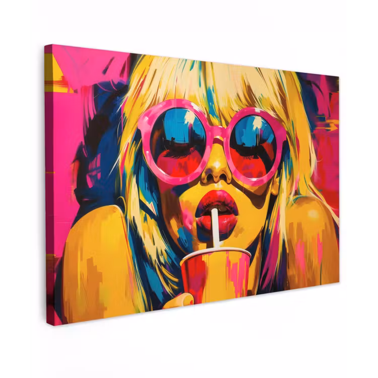 Canvas schilderij - Zonnebril - Roze - Vrouw - Rietje — 1