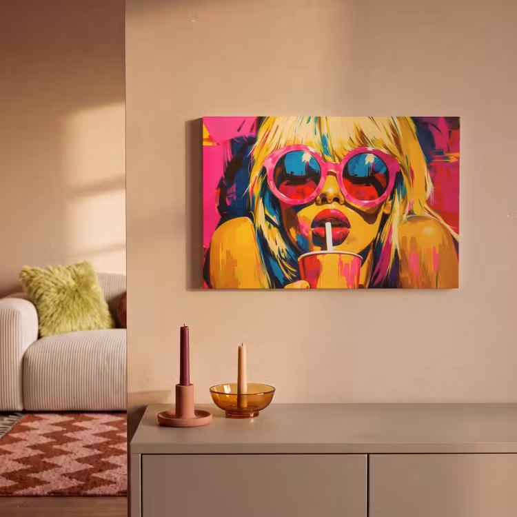 Canvas schilderij - Zonnebril - Roze - Vrouw - Rietje — 2